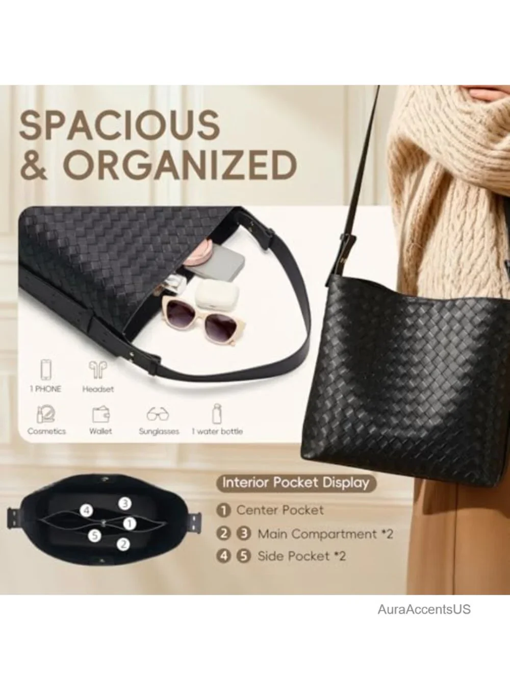 Large Woven Tote Bag with Adjustable Strap, Multi-Pockets, PU Leather, Work